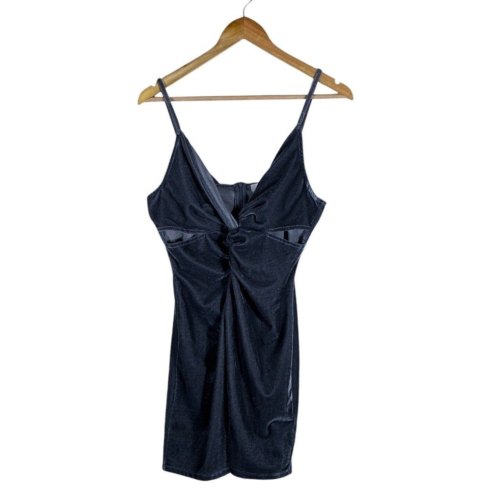 The Indigo Child Twist Front Cutout Velvet Mini Dress Charcoal Grey Glam Size M